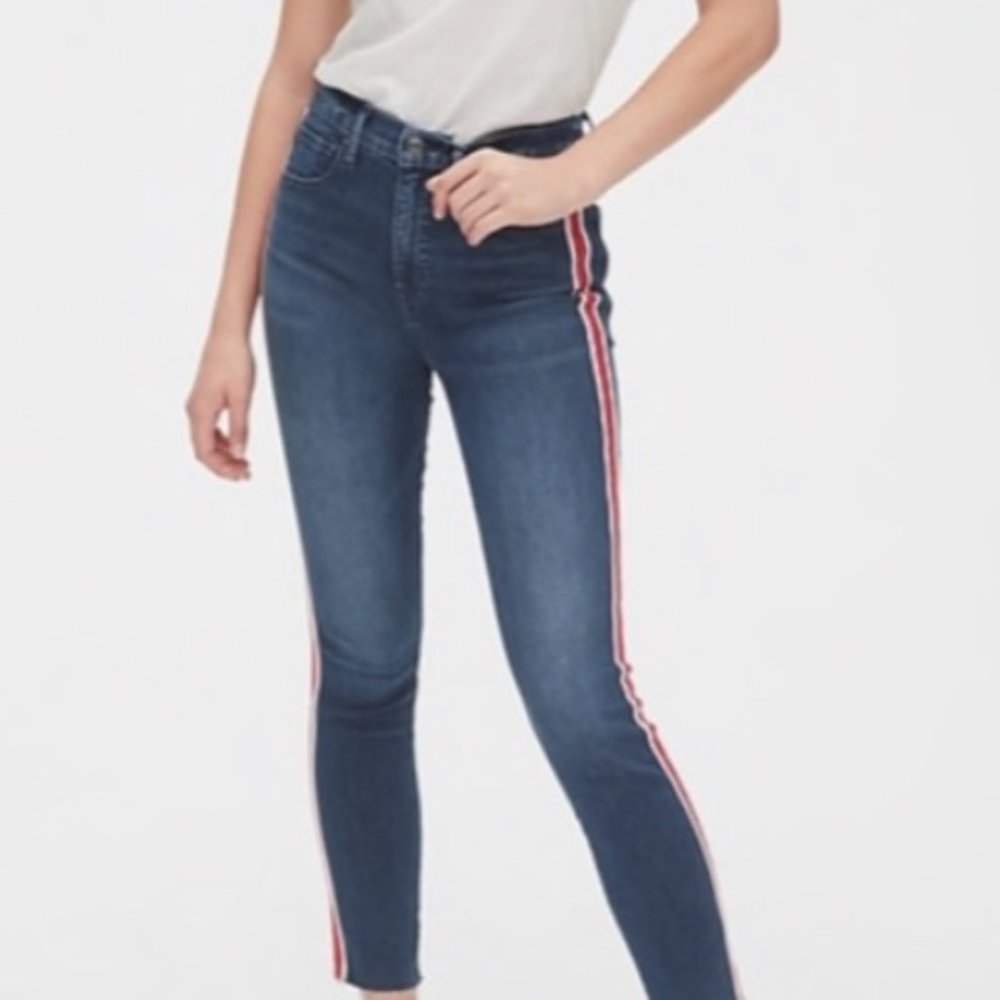 GAP High Rise True Skinny jeans with red side-stripe and raw hem